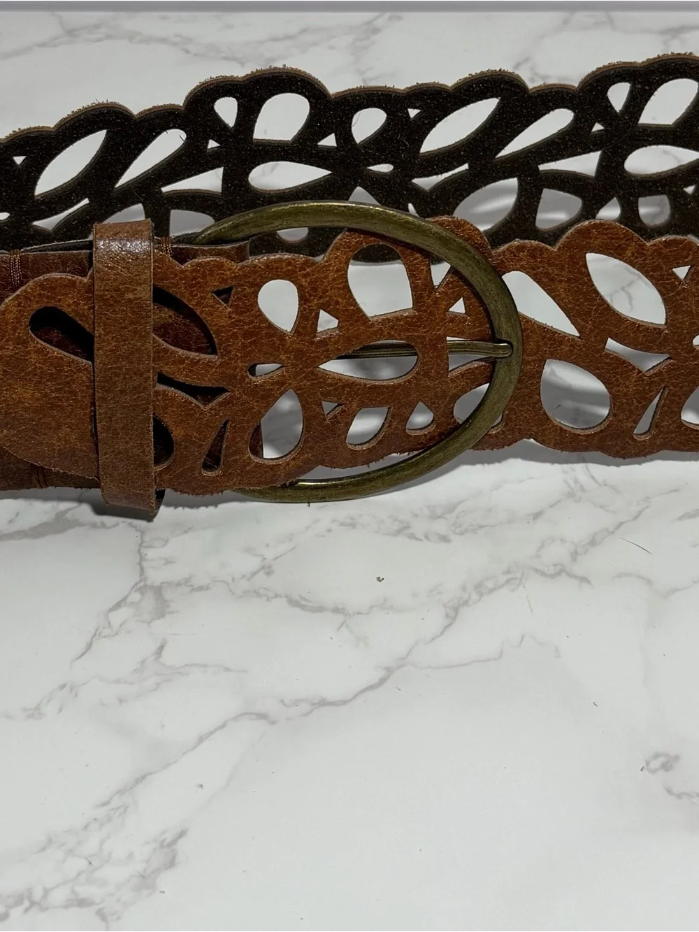 Vintage Brown Boho Cut Out Faux‎ Leather Belt with Brass Buckle -- L